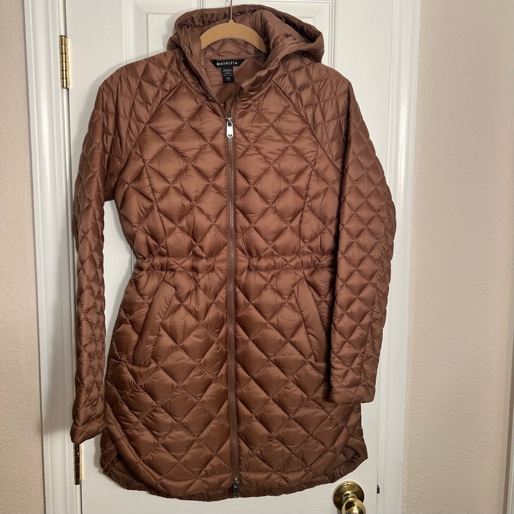 Athleta bronze quilted thigh-length jacket with hood petite XXS